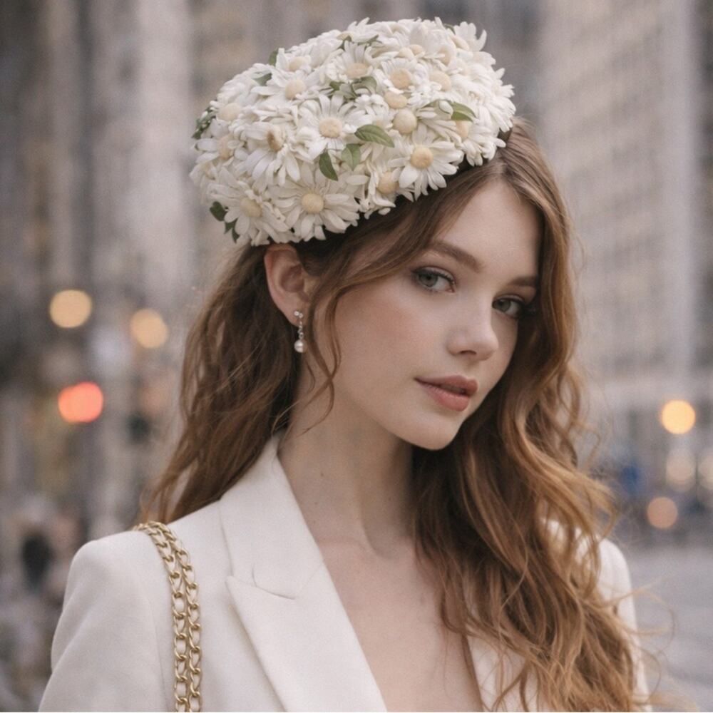 Vintage Floral Pillbox Hat Daisy Covered Statement Hat Cottagecore Indie Bridal